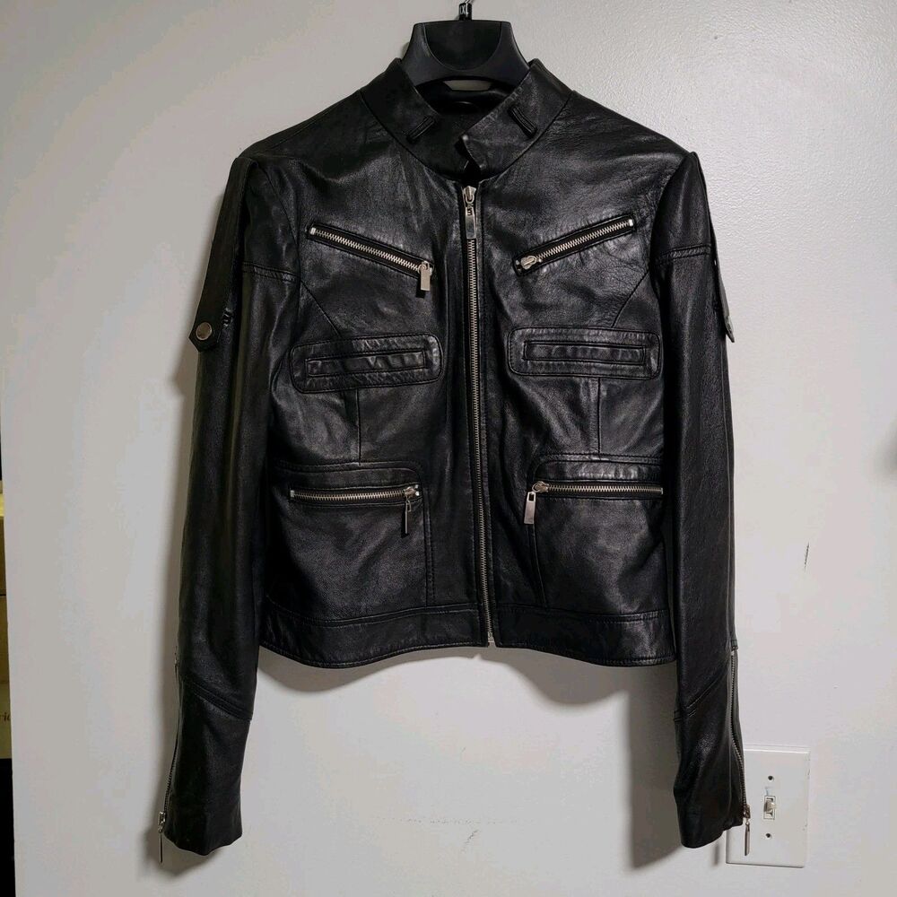 Bebe Women’s L Faux Leather Moto Jacket Peplum Gold Hardware Zip Pockets Black